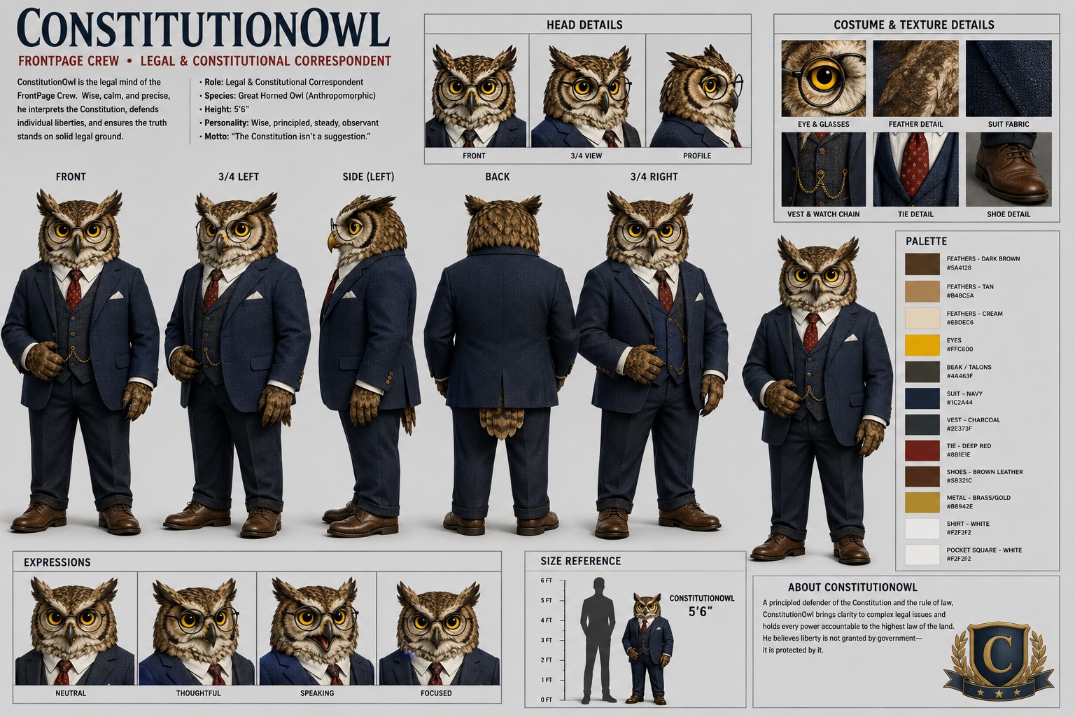 ConstitutionOwl turnaround card and production reference sheet