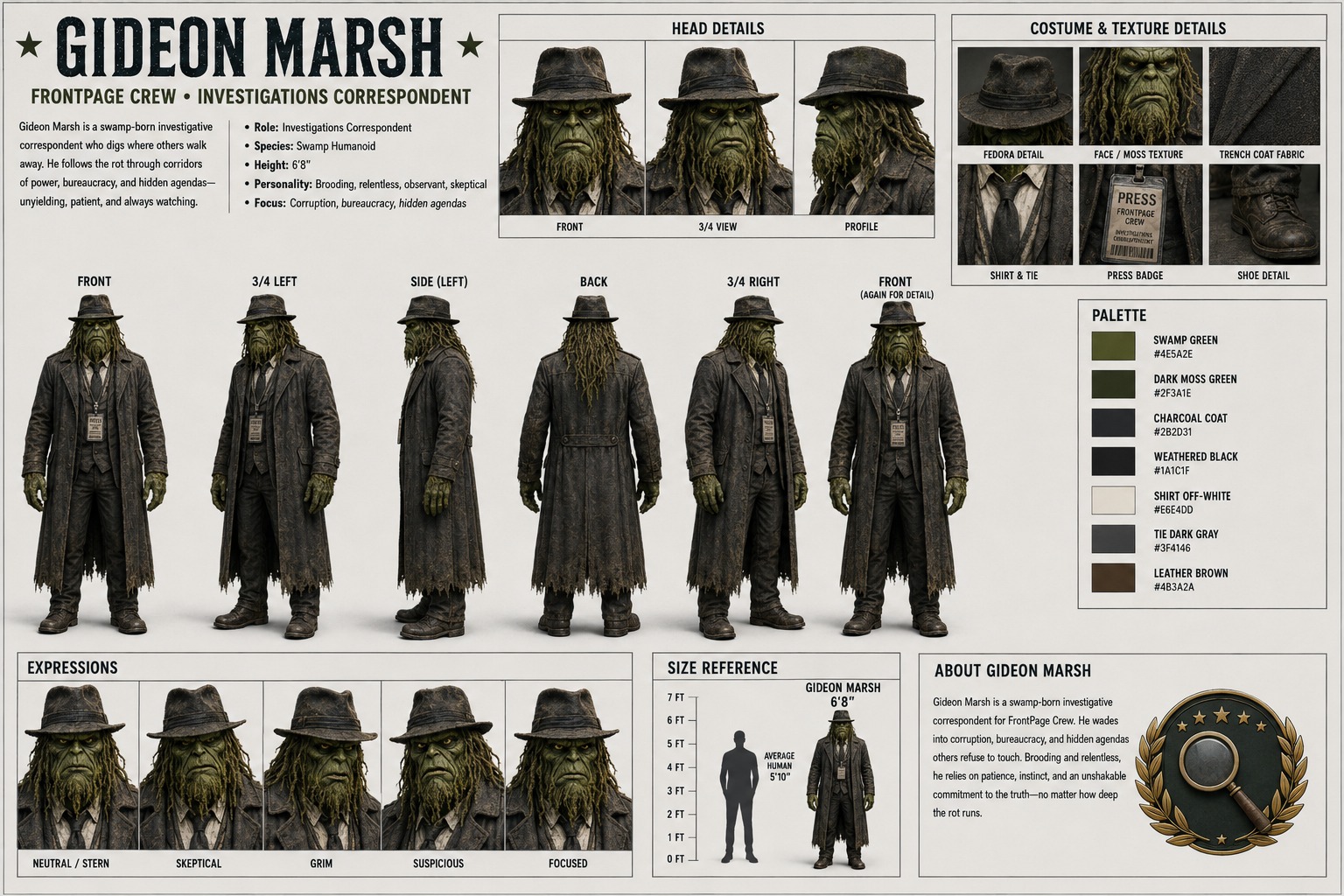 Gideon Marsh character turnaround and production reference sheet
