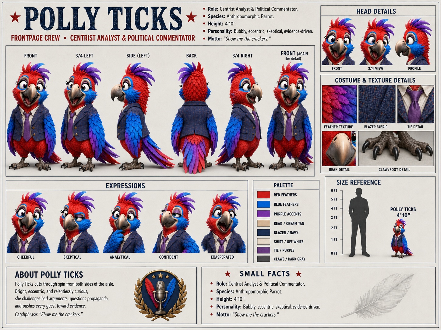 Polly Ticks turnaround card showing multiple angles, expressions, palette, and character details