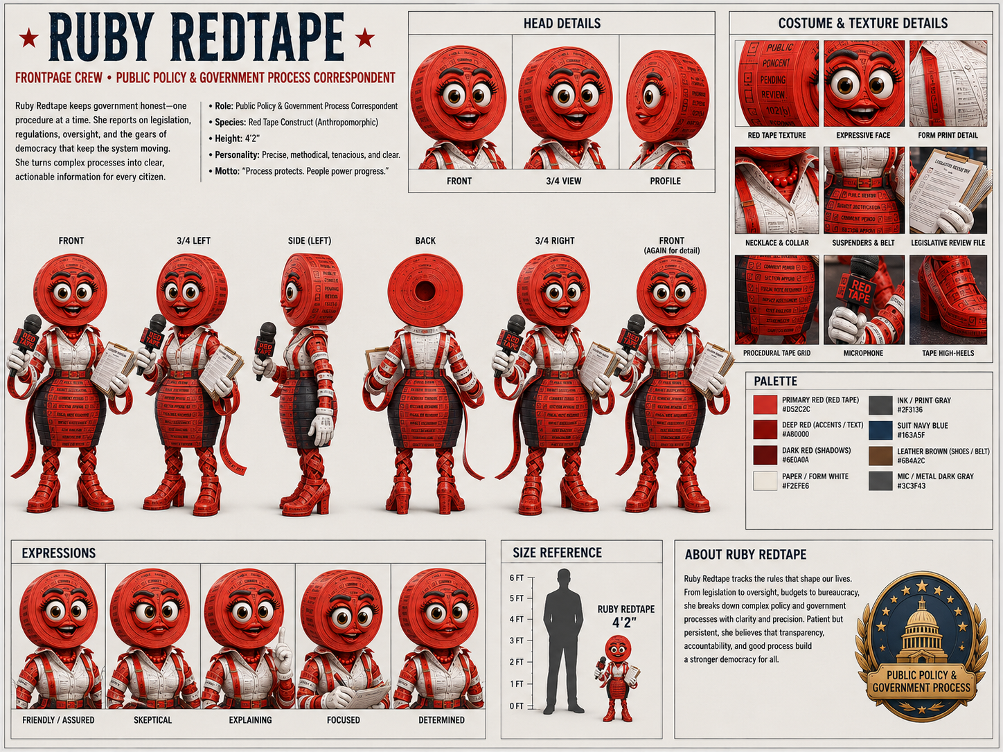 Ruby Redtape turnaround card showing multiple views, palette, and production notes