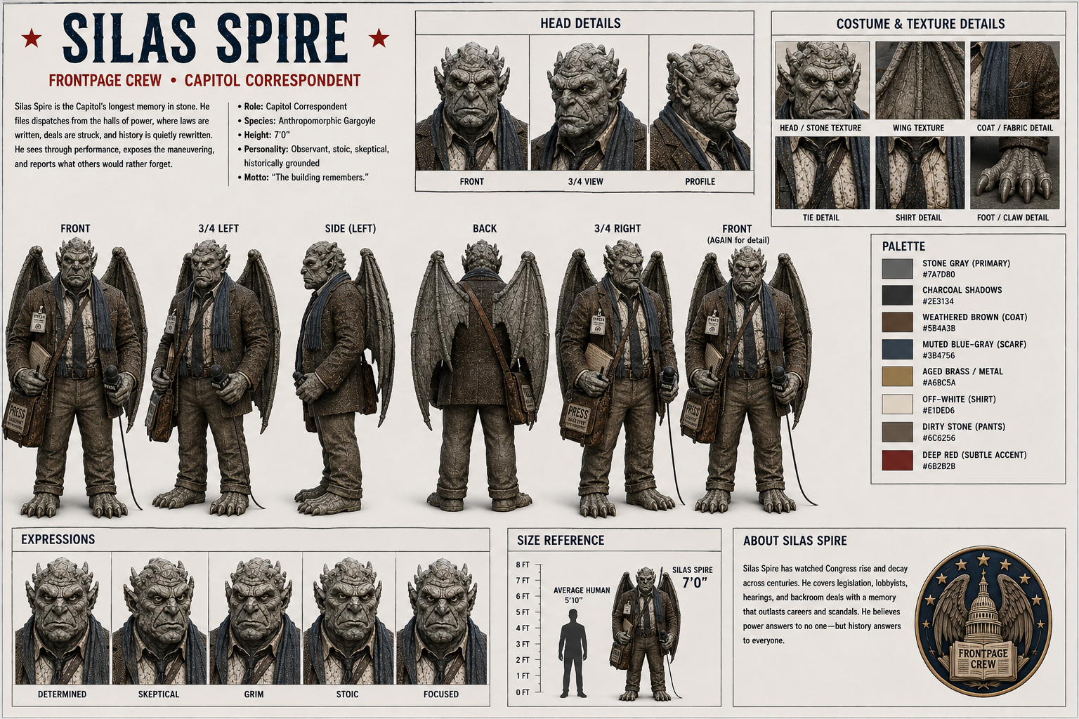 Silas Spire production turnaround and character reference card
