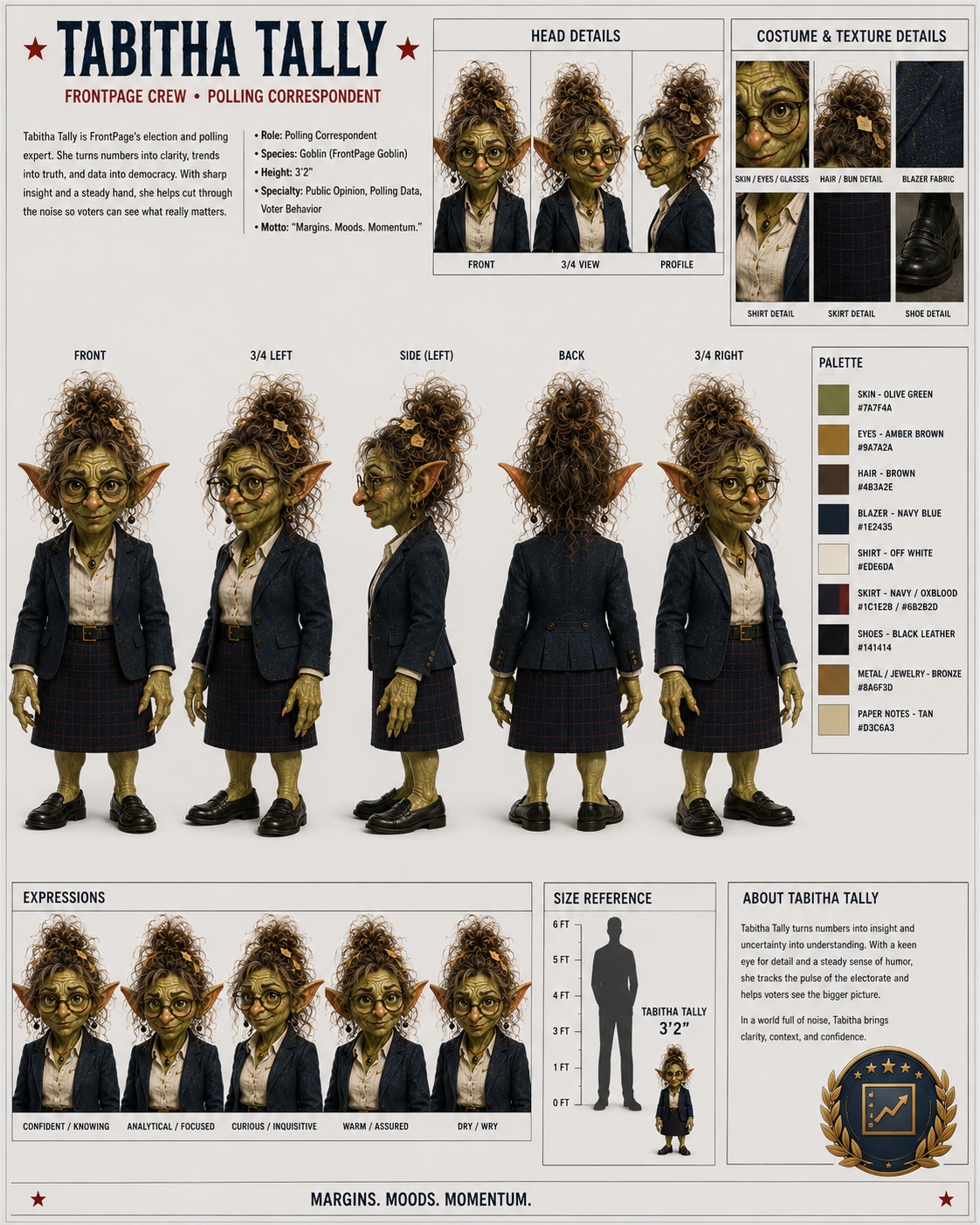 Tabitha Tally turnaround card showing multiple views, palette, and production notes