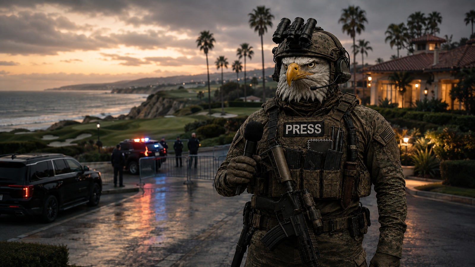 Victor Talon reporting outside a secured coastal California golf club